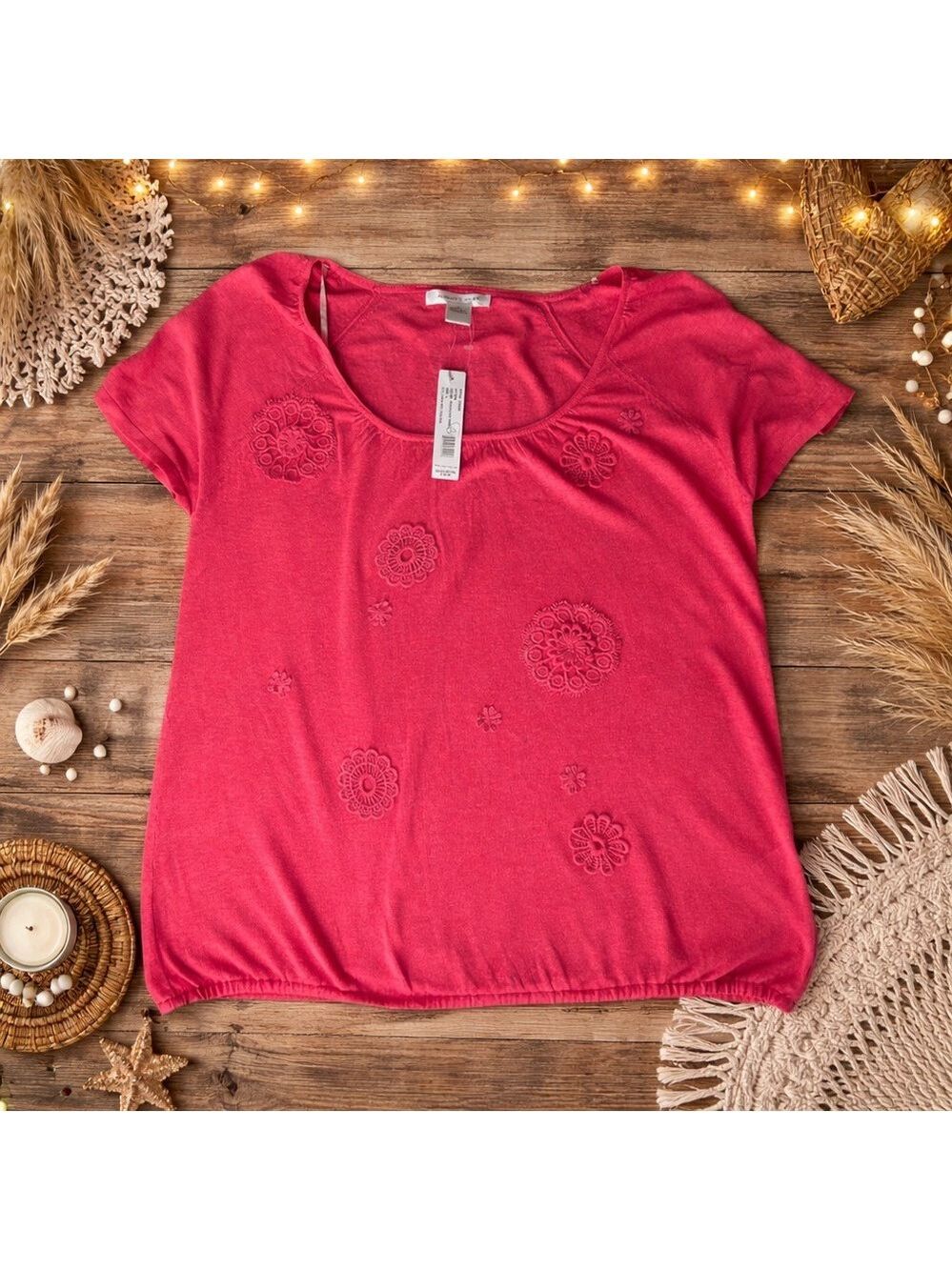 August Silk Pink Embroidered Blouse Womens Large Boho Short Sleeve Floral Top